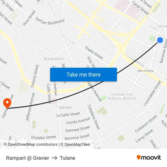 Rampart @ Gravier to Tulane map