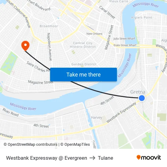 Westbank Expressway @ Evergreen to Tulane map