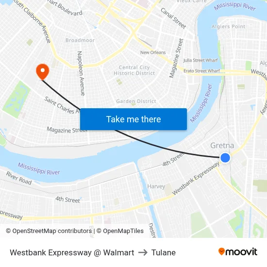 Westbank Expressway @ Walmart to Tulane map