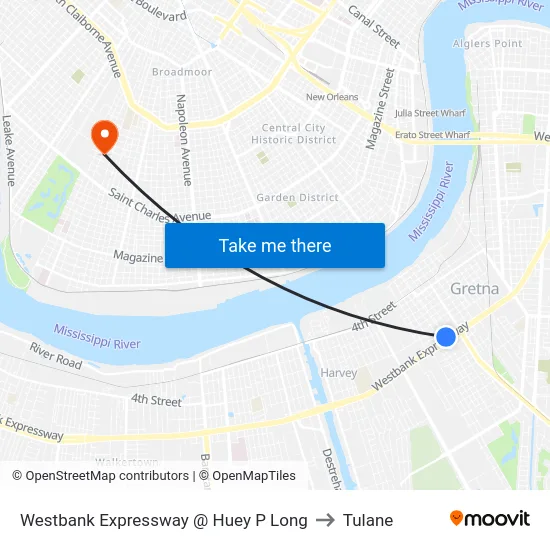 Westbank Expressway @ Huey P Long to Tulane map
