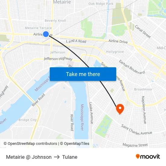 Metairie @ Johnson to Tulane map