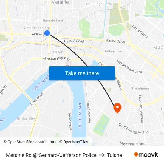 Metairie Rd @ Gennaro/Jefferson Police to Tulane map