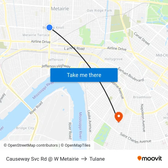Causeway Svc Rd @ W Metairie to Tulane map