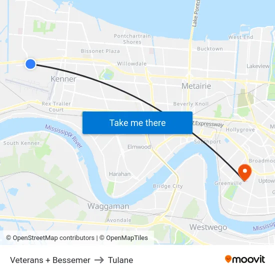Veterans + Bessemer to Tulane map
