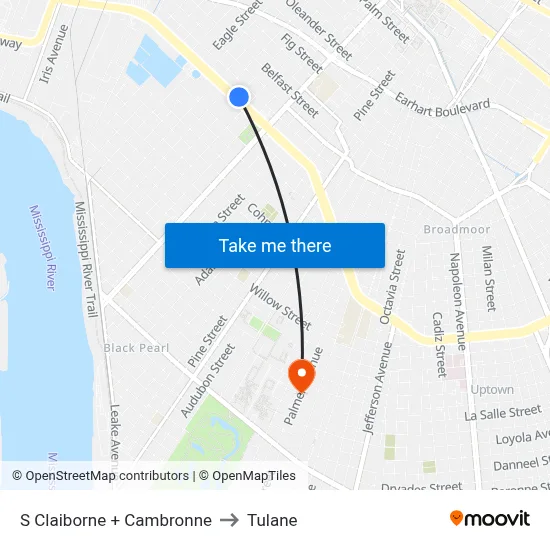 S Claiborne + Cambronne to Tulane map