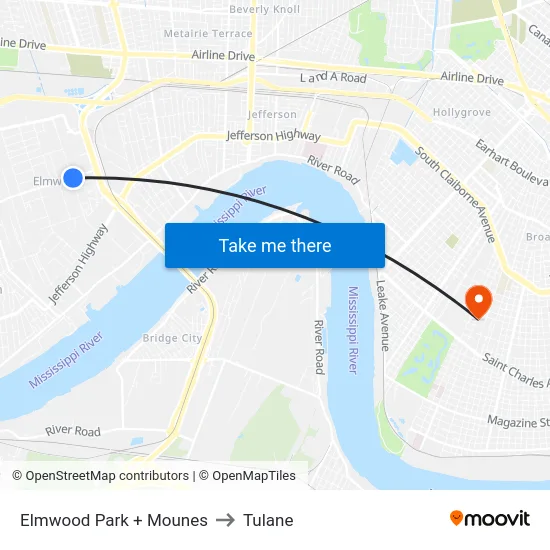 Elmwood Park + Mounes to Tulane map