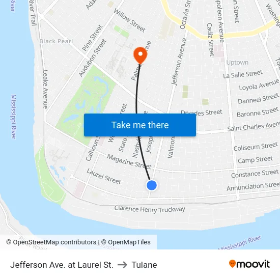 Jefferson Ave. at Laurel St. to Tulane map