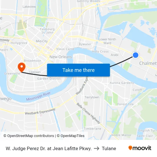 W. Judge Perez Dr. at Jean Lafitte Pkwy. to Tulane map