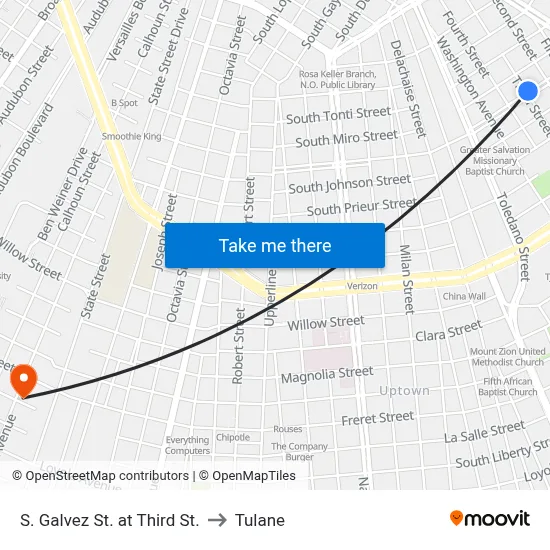 S. Galvez St. at Third St. to Tulane map