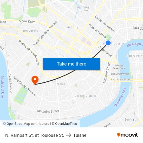 N. Rampart St. at Toulouse St. to Tulane map