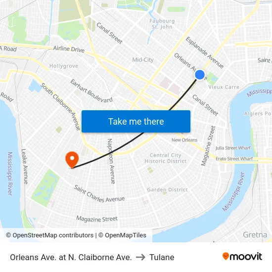 Orleans Ave. at N. Claiborne Ave. to Tulane map