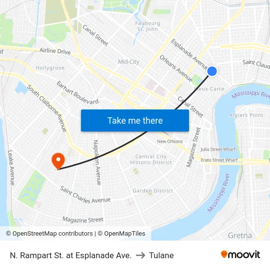 N. Rampart St. at Esplanade Ave. to Tulane map