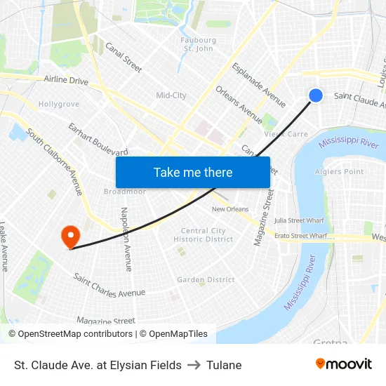 St. Claude Ave. at Elysian Fields to Tulane map