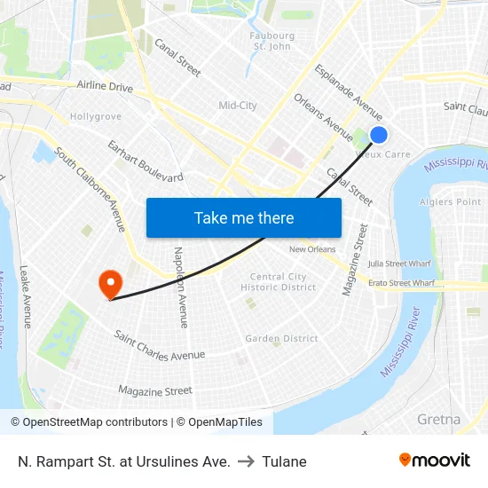 N. Rampart St. at Ursulines Ave. to Tulane map