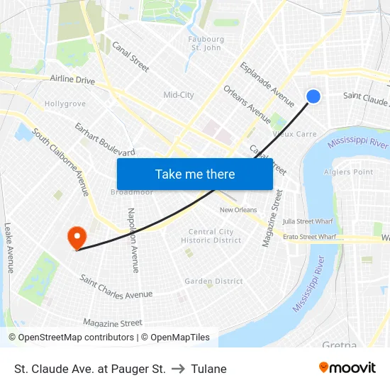 St. Claude Ave. at Pauger St. to Tulane map