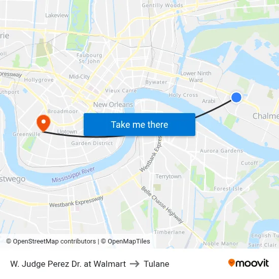 W. Judge Perez Dr. at Walmart to Tulane map