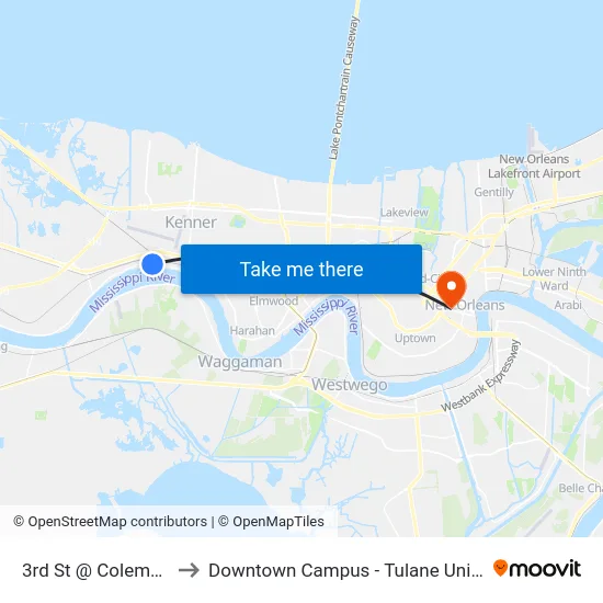 3rd St @ Coleman Pl to Downtown Campus - Tulane University map