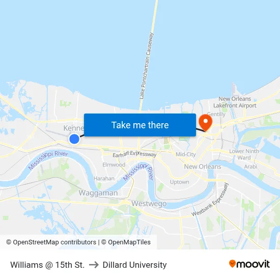 Williams @ 15th St. to Dillard University map
