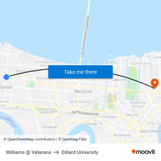 Williams @ Veterans to Dillard University map