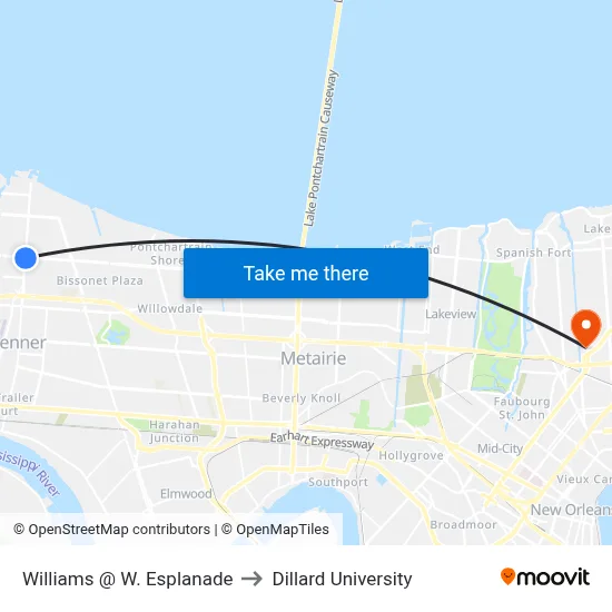 Williams @ W. Esplanade to Dillard University map