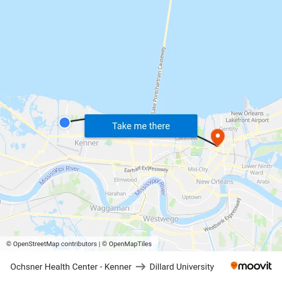 Ochsner Health Center - Kenner to Dillard University map