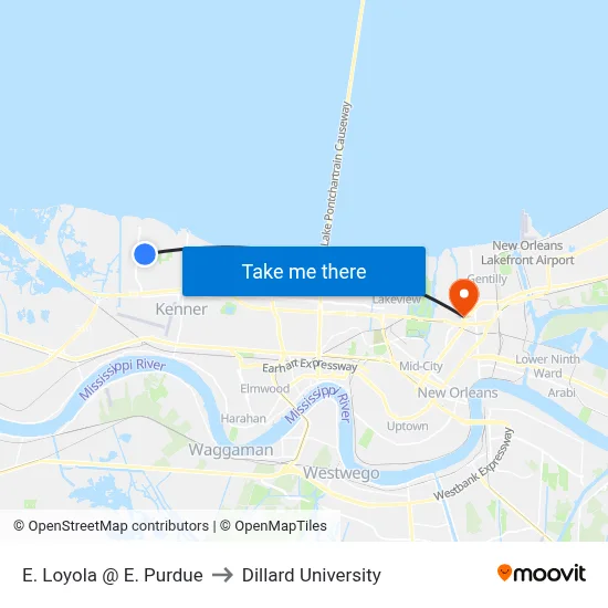 E. Loyola @ E. Purdue to Dillard University map