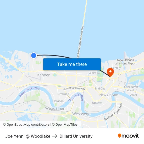 Joe Yenni @ Woodlake to Dillard University map