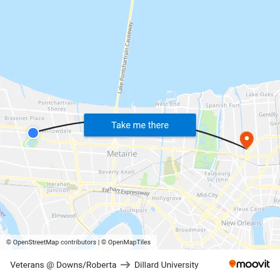 Veterans @ Downs/Roberta to Dillard University map