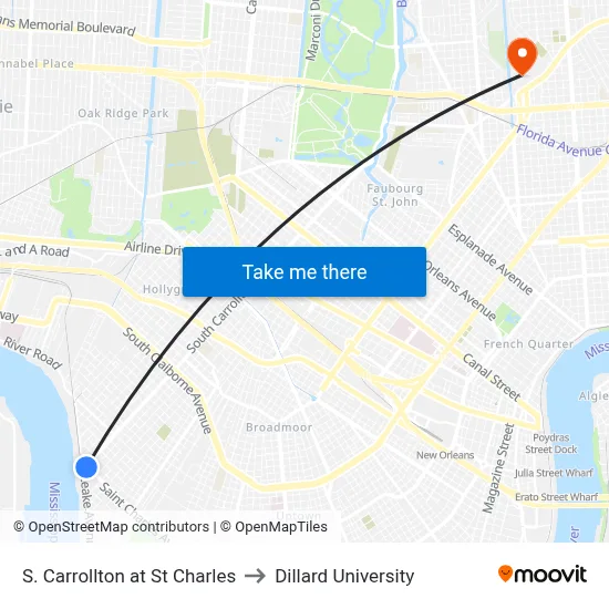 S. Carrollton at St Charles to Dillard University map