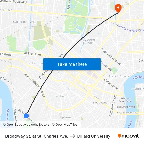 Broadway St. at St. Charles Ave. to Dillard University map