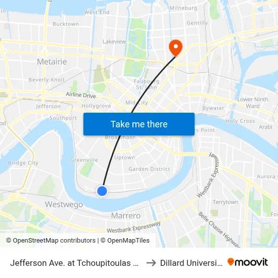 Jefferson Ave. at Tchoupitoulas St. to Dillard University map