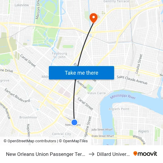 New Orleans Union Passenger Terminal to Dillard University map