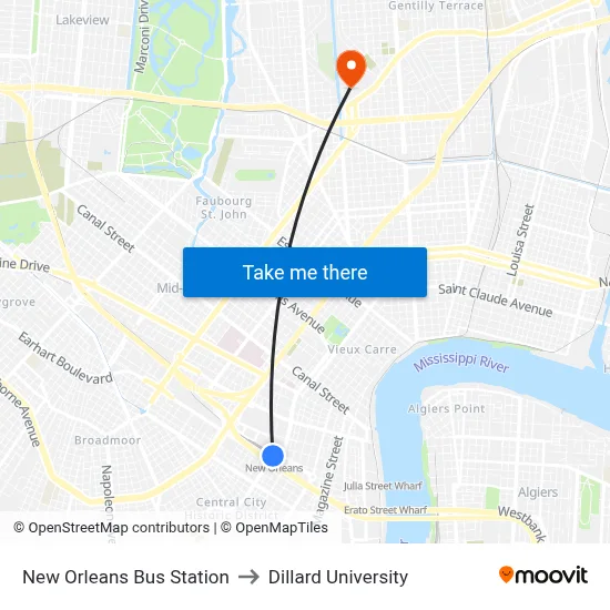 New Orleans Bus Station to Dillard University map