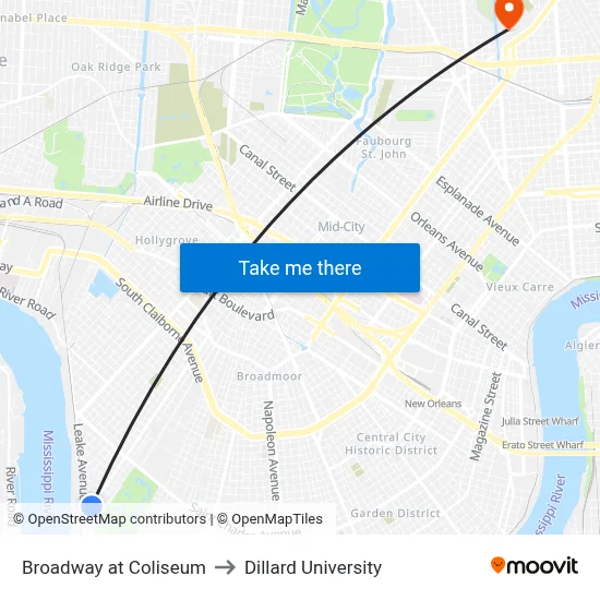 Broadway at Coliseum to Dillard University map