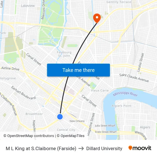 M L King at S.Claiborne (Farside) to Dillard University map
