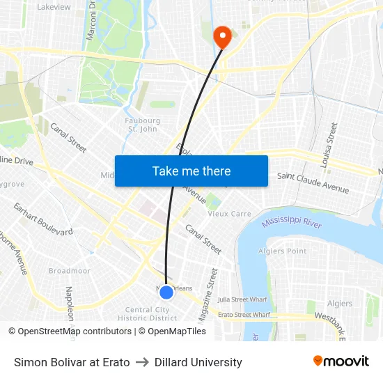 Simon Bolivar at Erato to Dillard University map