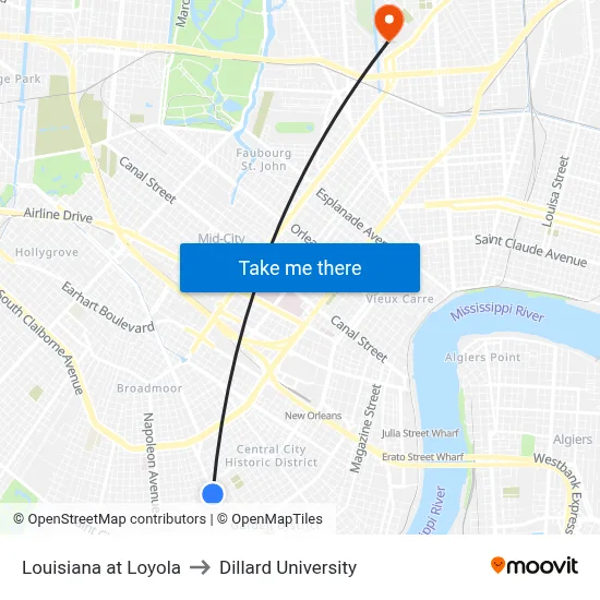 Louisiana at Loyola to Dillard University map