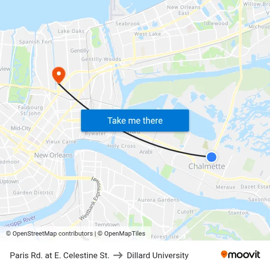 Paris Rd. at E. Celestine St. to Dillard University map