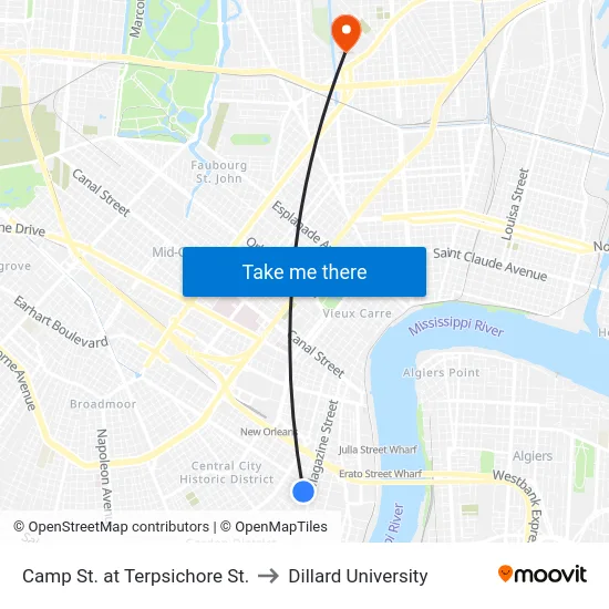Camp St. at Terpsichore St. to Dillard University map