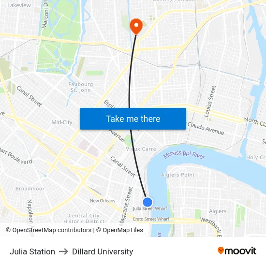 Julia Station to Dillard University map