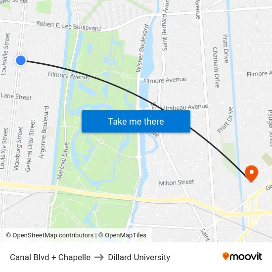 Canal Blvd + Chapelle to Dillard University map
