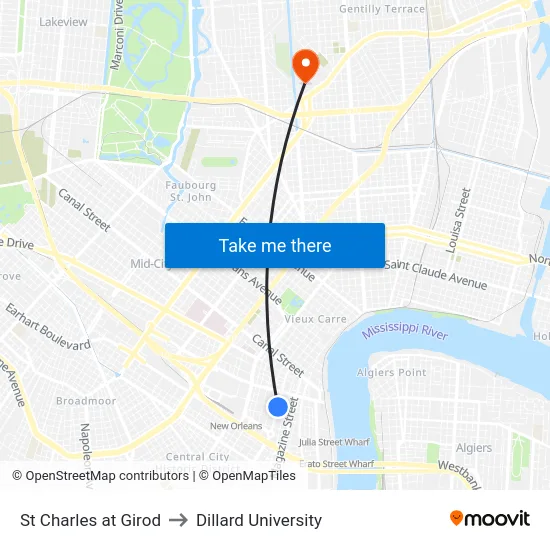 St Charles at Girod to Dillard University map