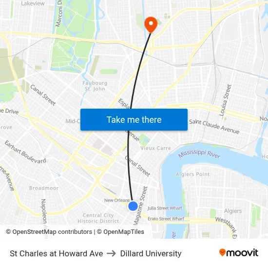 St Charles at Howard Ave to Dillard University map