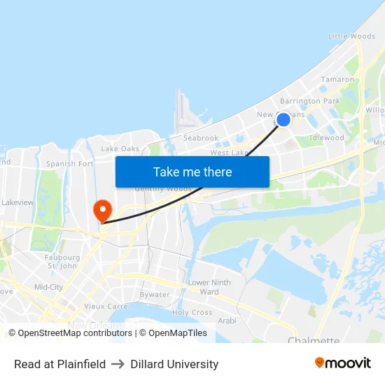 Read at Plainfield to Dillard University map