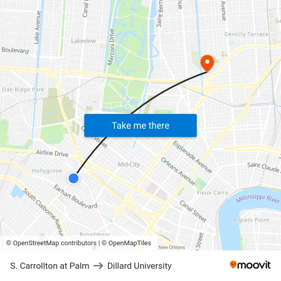 S. Carrollton at Palm to Dillard University map