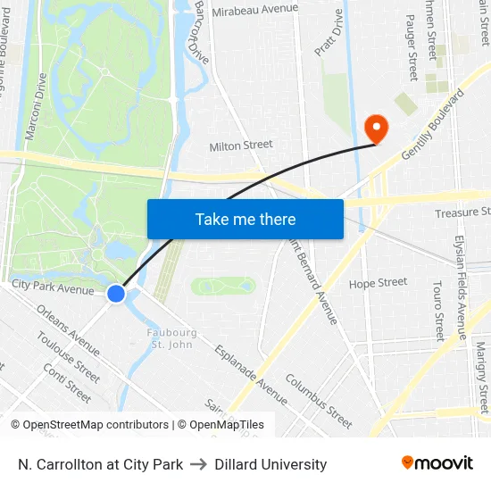 N. Carrollton at City Park to Dillard University map