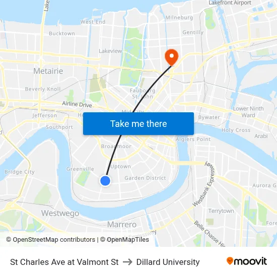 St Charles Ave at Valmont St to Dillard University map