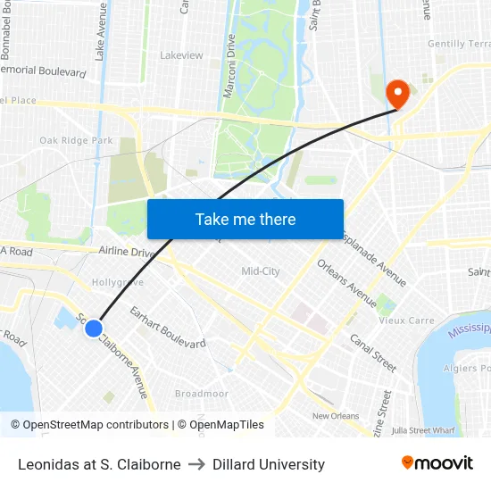 Leonidas at S. Claiborne to Dillard University map