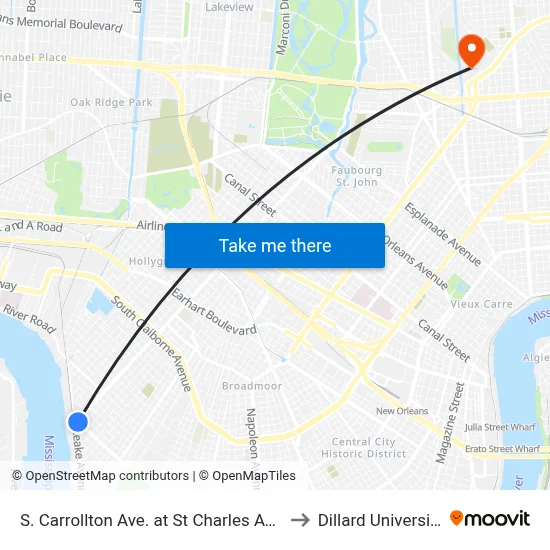 S. Carrollton Ave. at St Charles Ave. to Dillard University map