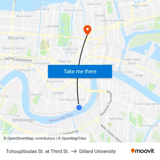 Tchoupitoulas St. at Third St. to Dillard University map